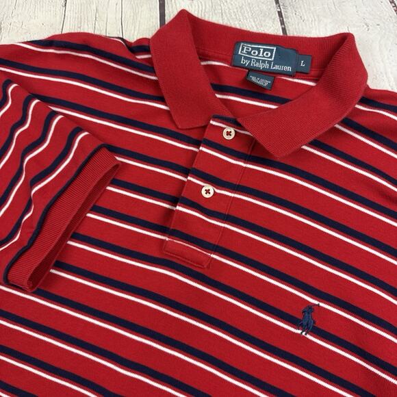 Polo Ralph Lauren Men's Red White Striped Blue Logo S/S Polo Shirt Size Large - Picture 1 of 9